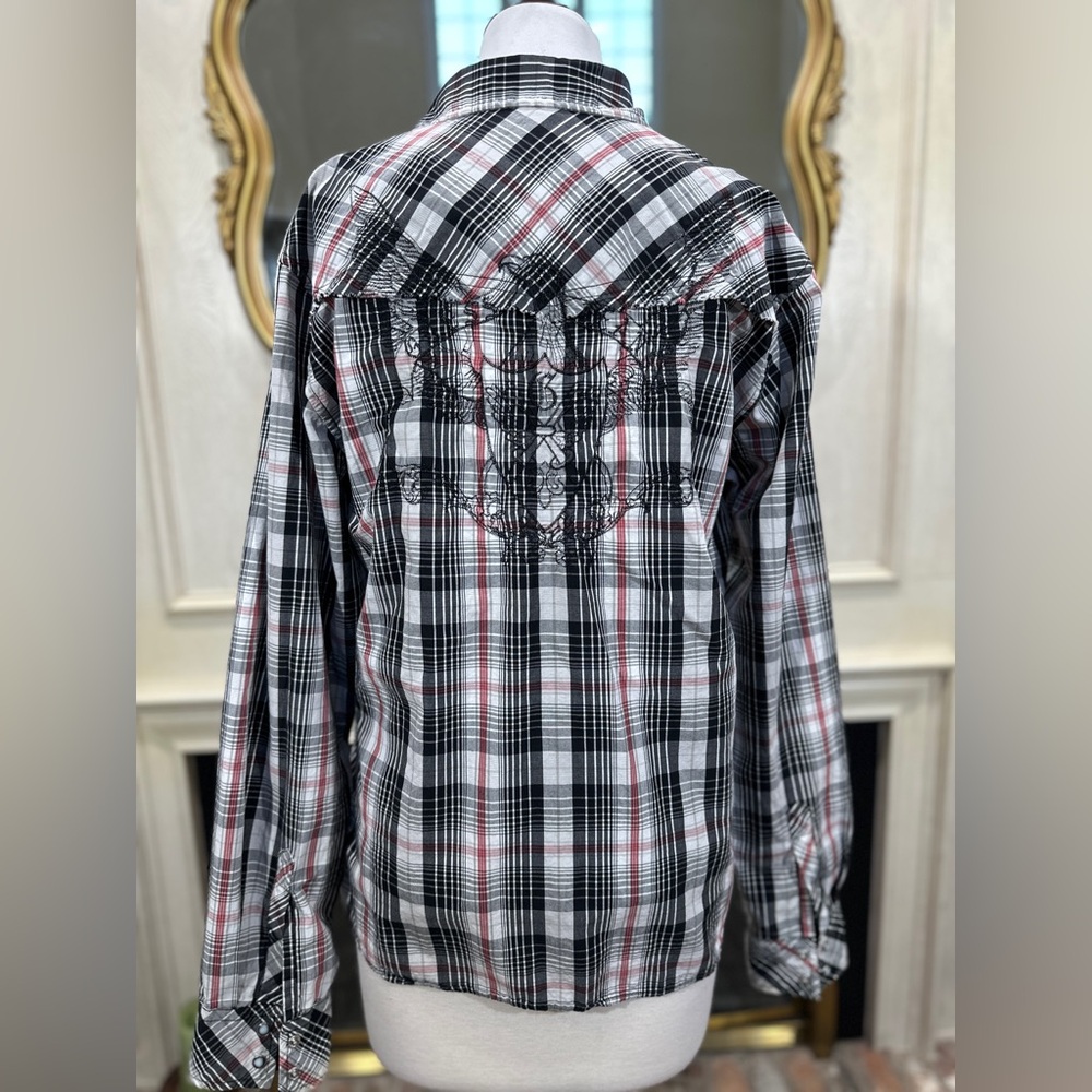 Guess Women's XL Plaid Pearl Snap Shirt Western Embroidered Hi Low Hem - Picture 7 of 13
